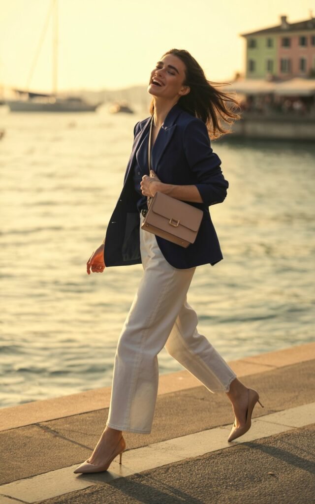 A model in a tailored navy blazer over white denim jeans and nude heels, styled with a structured crossbody bag. She’s walking along a seaside promenade during golden hour, wind slightly lifting her hair. Her expression is candid, as if caught mid-laugh.