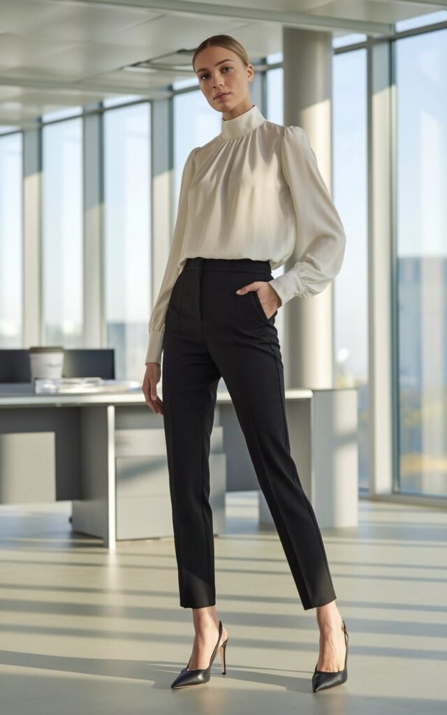 A model in an ivory high-neck blouse tucked into slim black cigarette pants, styled with black slingback pumps. Shot in a sleek modern office with natural daylight streaming in. Her pose is upright and elegant, expression serene and professional.