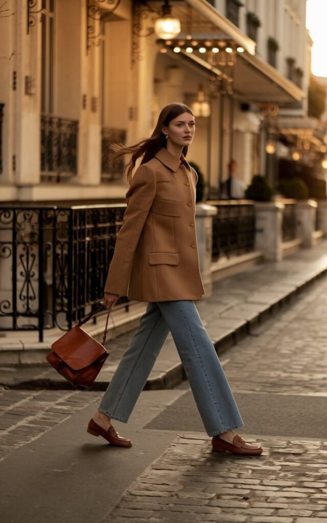 A model in straight blue jeans, a camel structured coat, and brown loafers with a leather satchel. Captured candidly walking across a Parisian-style street at golden hour. She looks chic and effortless, with glossy loose waves and natural makeup.