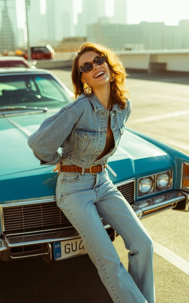 A model poses in a sunlit rooftop parking lot wearing light-wash jeans with a matching denim jacket. Accessories oversized belt, chunky sunnies, and statement earrings. She leans against a vintage car, playful smirk on her face.