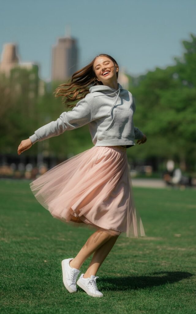 A model twirls in a pale pink tulle skirt paired with a gray cropped hoodie. Shot outdoors in natural daylight at a city park, sneakers on her feet, hair bouncing. She laughs mid-spin, giving ballerina-meets-streetwear vibes.
