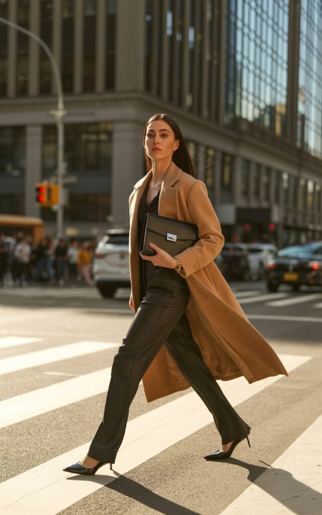A model walking across a crosswalk in a camel coat over slim black trousers and pointed flats. The shot captures golden sunlight hitting tall buildings behind her. She carries a structured black bag, hair glossy and straight, with a confident stride and serious gaze.