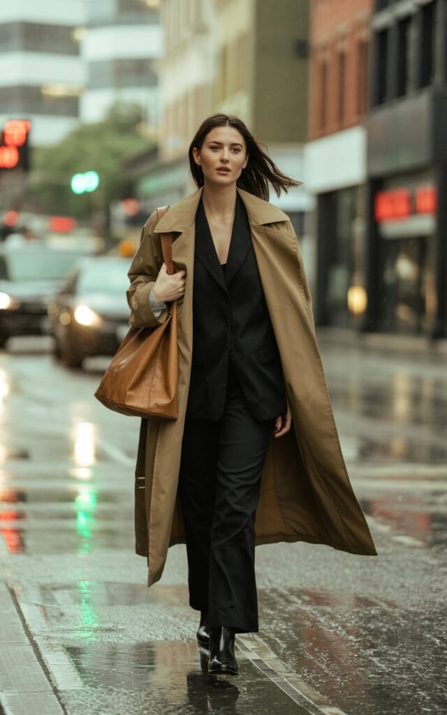 A model walking down a rainy urban street in a camel trench coat layered over an all-black monochrome outfit with ankle boots. The wet pavement reflects city lights in natural overcast daylight. She holds a leather tote in one hand, her hair slightly tousled, expression elegant yet effortless.