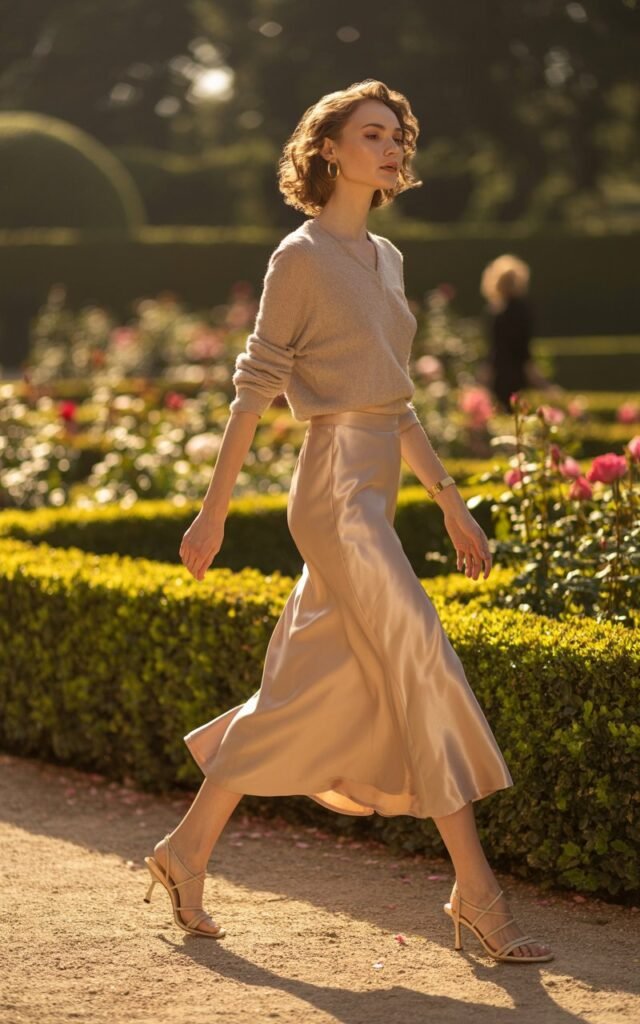 A model wearing a champagne silk midi skirt paired with a fitted beige knit top, strappy nude heels, and delicate gold hoops. She walks through a manicured garden during golden hour, the silk skirt catching the light. Her posture is graceful, with her hair styled in soft curls and a serene, feminine expression.