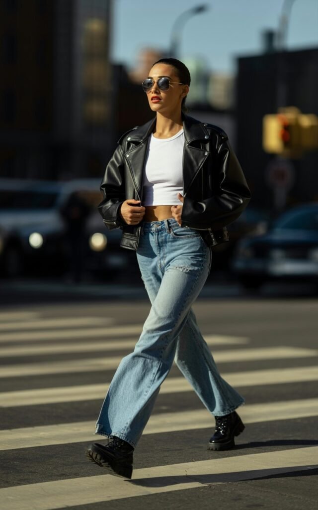 A model with sharp cheekbones rocks a black leather biker jacket over a white crop top and faded wide-leg jeans. Shot in natural daylight on an urban crosswalk, she’s mid-step, looking effortlessly cool. Black boots and aviator sunglasses finish the edgy styling.