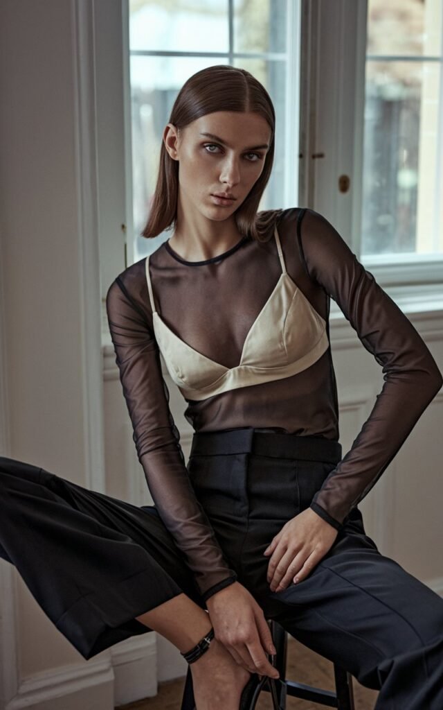 A moody editorial shot indoors near a window with soft daylight. The model wears a sheer black long-sleeve over a satin bralette, styled with tailored pants and heels. Expression sultry yet refined, hair sleek and straight.