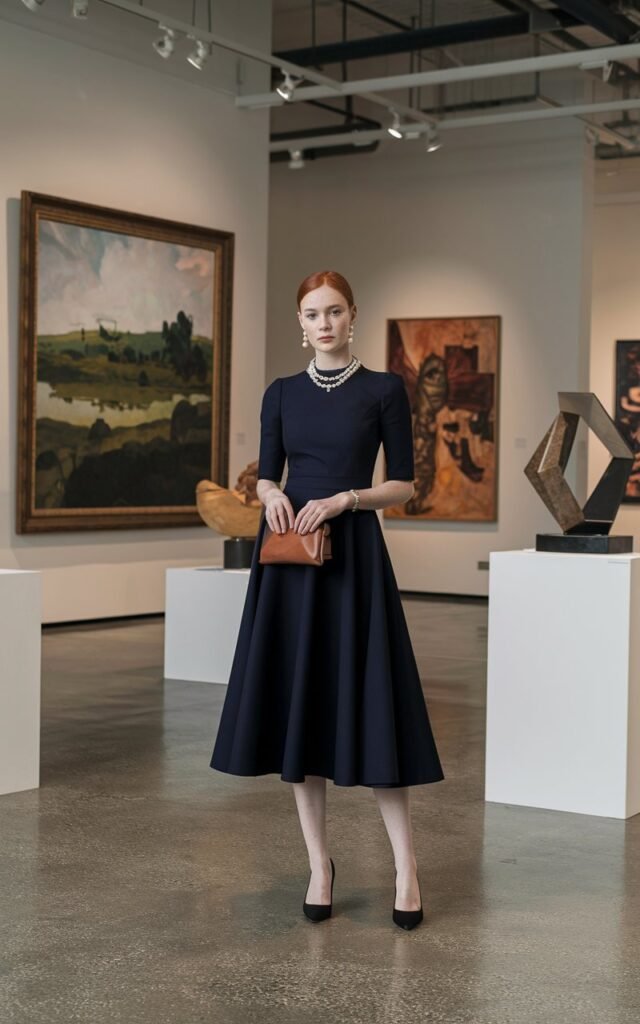 A pale-skinned redhead standing in an upscale art gallery, dressed in a navy A-line dress with pearl earrings and a matching necklace, holding a small leather clutch.