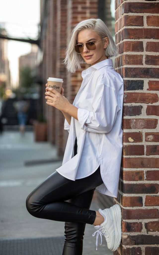 A platinum blonde model stands in front of an urban brick wall. She wears sleek black leather leggings, a crisp oversized white button-down shirt half-tucked, chunky sneakers, and aviator sunglasses. Late afternoon sunlight casts soft shadows. She leans casually against the wall, one hand holding a coffee, with a playful smirk.