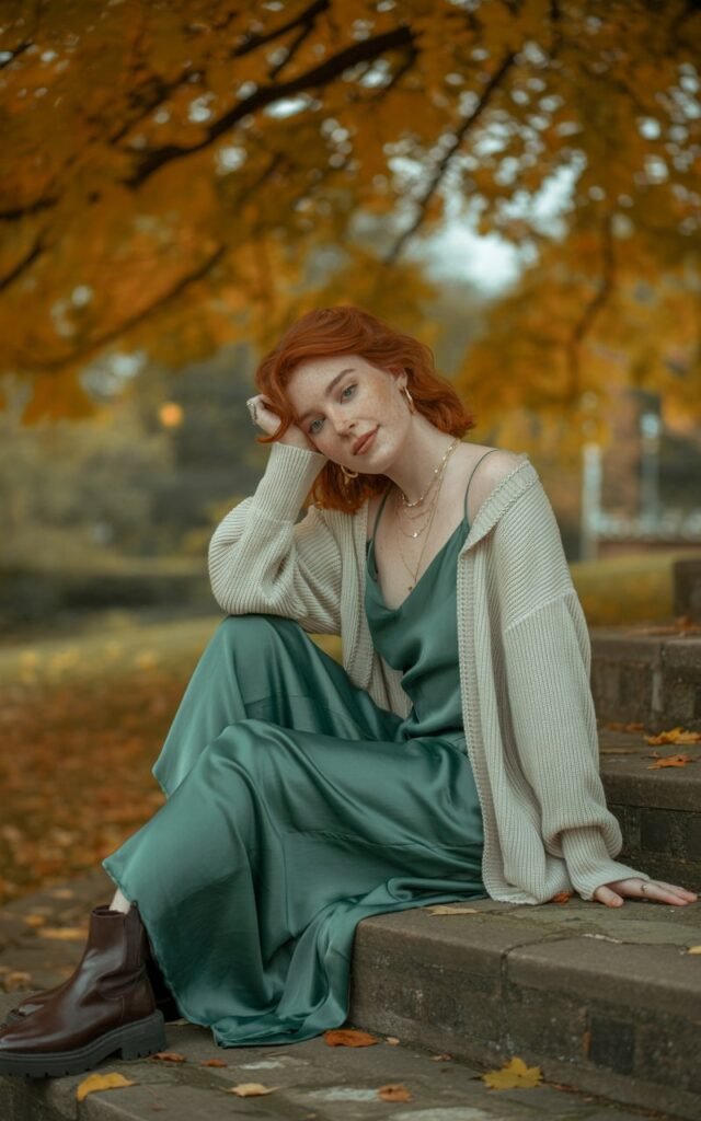 A red-haired model with freckles lounges on stone steps in a park during autumn. She wears a silky emerald slip dress under a cream oversized knit sweater, paired with ankle boots and delicate layered necklaces. Soft natural light filters through orange leaves. She’s seated casually, looking over her shoulder with a dreamy, natural smile.