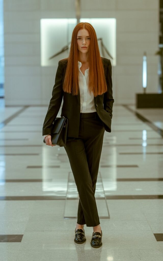A red-haired model with sleek straight hair stands against a marble office lobby. She wears tailored black slacks, a crisp white button-up tucked in, loafers, and a structured handbag. Bright indoor lighting reflects from marble floors. She stands tall with a direct gaze, exuding minimal, timeless power.