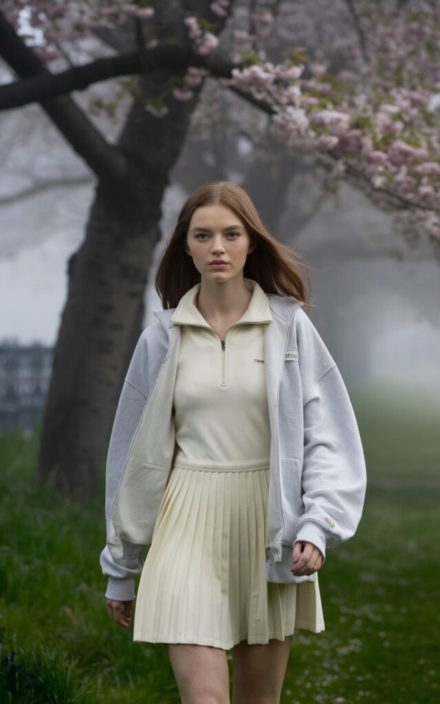 A striking model walks through a foggy London park in early spring, wearing a pleated white tennis dress under a pale gray zip-up sweatshirt. Cherry blossoms begin to bloom around her. The scene is soft, serene, and classically stylish with a vintage English vibe.