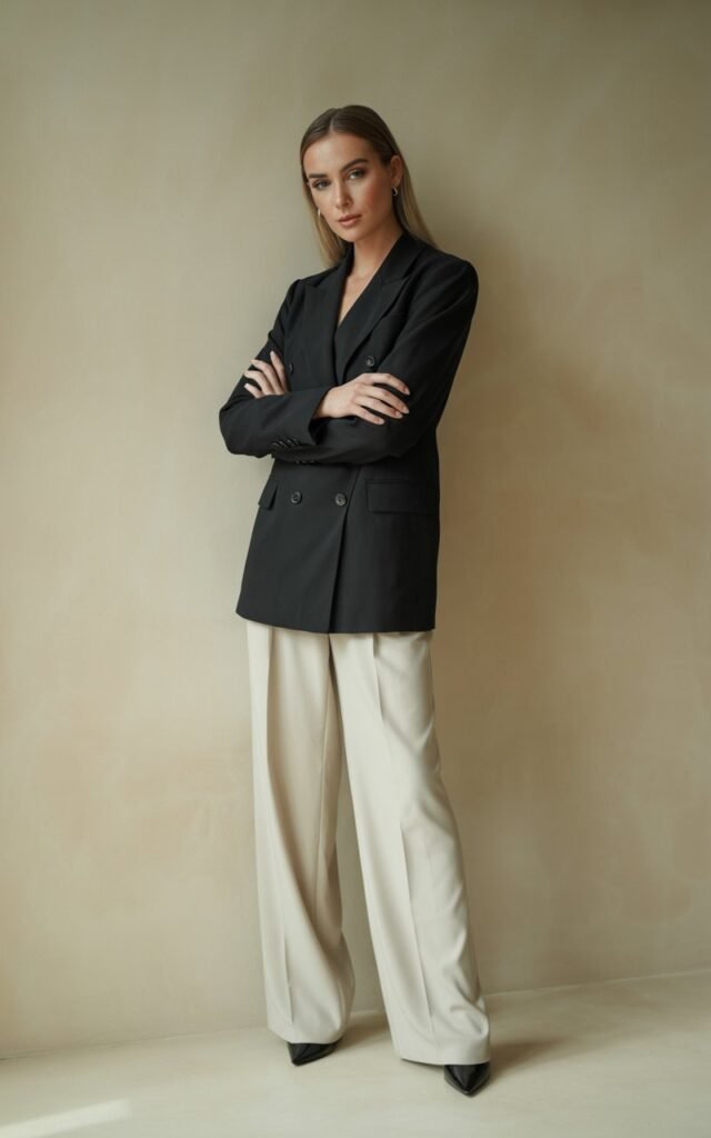 A studio shot of a model in a tailored black double-breasted blazer with ivory wide-leg trousers and pointed black pumps. She stands tall with arms crossed, against a minimalist beige backdrop. Her hair is sleek and straight, makeup soft and sculpted, expression poised with subtle authority.