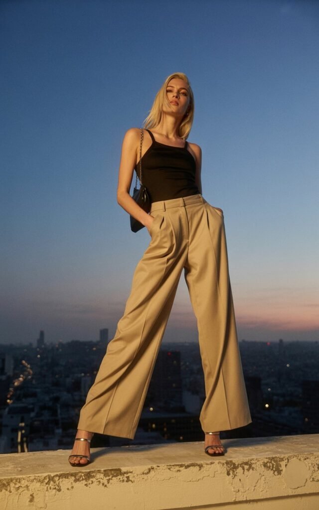 A tall blonde model poses on a rooftop with the city skyline behind her. She wears beige wide-leg trousers, a fitted black tank, strappy heels, and a chain-strap bag. Strong natural daylight emphasizes the sharp silhouette of the trousers. She stands with one leg slightly forward, head tilted back, exuding power and ease.