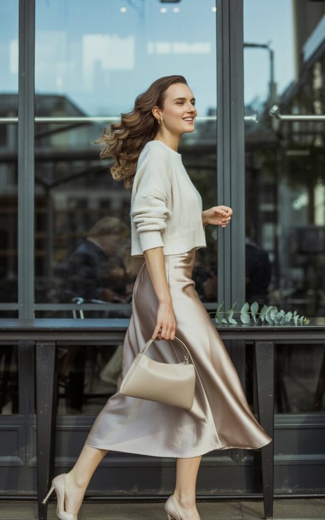 A tall white female model with sharp cheekbones and wavy brunette hair stands in a chic city café. She wears a champagne satin midi skirt, cream cropped knit sweater, nude heels, and a minimalist leather bag. Natural daylight filters through large café windows, creating a soft glow on the satin. She’s mid-step, looking out the window with a confident smile, giving an effortless yet polished vibe.
