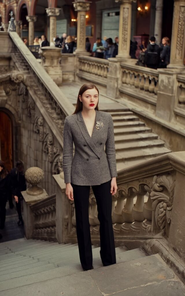 A white-skinned brunette with red lipstick on a stone staircase of a historic European building, wearing a grey tweed blazer and slim black cigarette pants, vintage brooch on lapel.