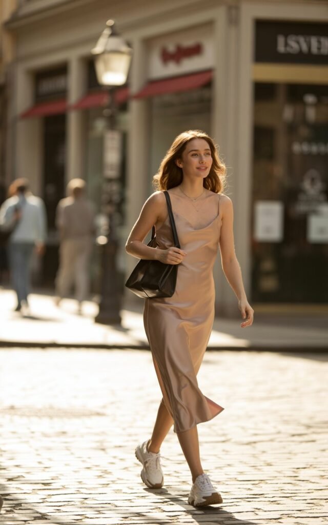 A white-skinned female model in a silky champagne slip dress paired with chunky white sneakers. She stands on a cobblestone city street during golden hour, her hair in loose waves, carrying a small shoulder bag. Natural daylight glows on her skin as she walks casually, glancing sideways with a soft smile.