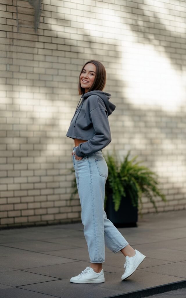 A white-skinned female model with sleek straight brown hair, wearing a cropped grey hoodie and light blue high-waisted jeans with white sneakers. Shot on an urban street with brick walls in the background, natural daylight. She stands casually with one hand in her pocket, smiling effortlessly, giving off a chill, put-together vibe.