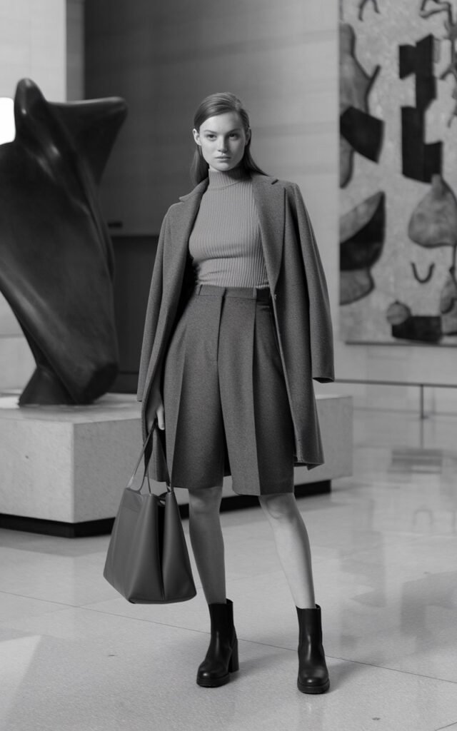 A white-skinned model standing in a modern art museum lobby, wearing a slim ribbed turtleneck with high-waisted wool shorts and ankle boots, holding a leather tote.