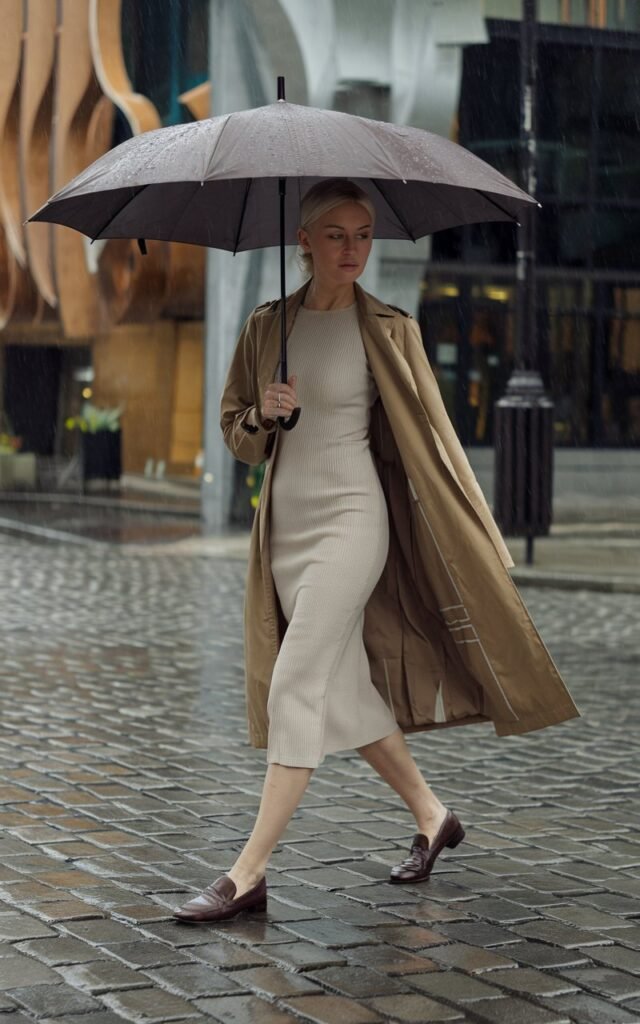 A white-skinned woman crossing a cobblestone city street under soft rain, trench coat open over a soft beige midi dress, wearing dark loafers and holding a leather umbrella.