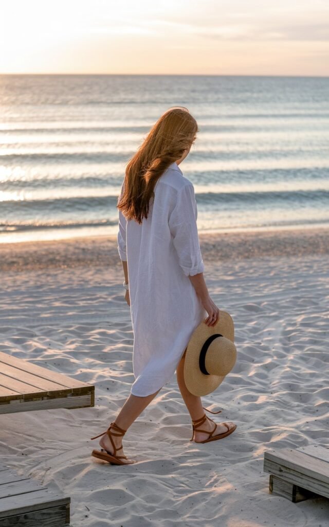 A white-skinned woman with long brown hair walking barefoot along a sandy beach boardwalk at sunset, wearing a white linen shirt dress and tan strappy sandals, holding a straw hat.