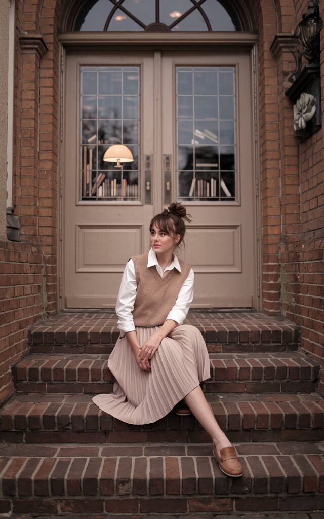A white-skinned young woman with a messy bun sitting on the steps of a vintage brick library, wearing a tan knit vest over a crisp white shirt, paired with a pleated A-line skirt and loafers.