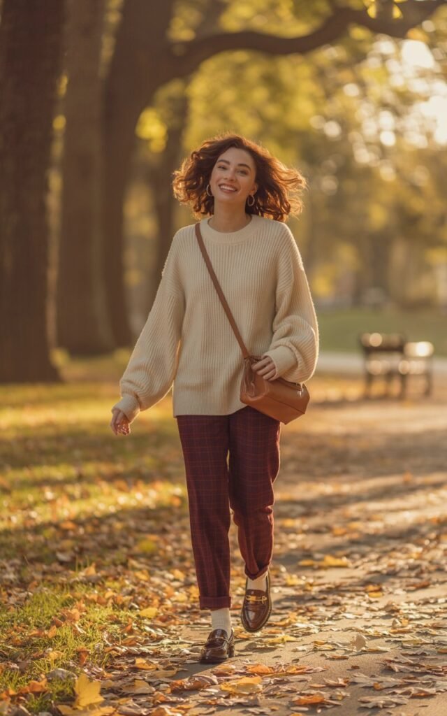 Autumn outdoor park with fallen leaves. Brunette with curly hair wears a thrifted oversized knit sweater tucked loosely into plaid trousers, accessorized with loafers and a crossbody bag. She walks down a tree-lined path, natural smile, cozy vibes.