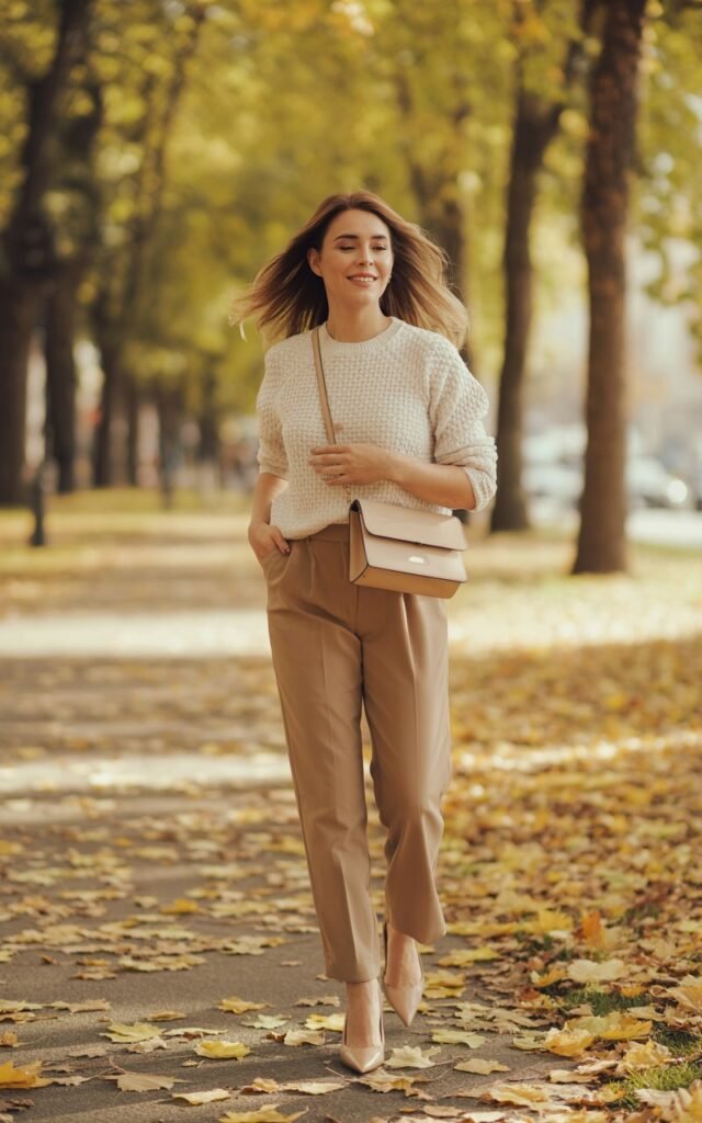 Autumn park background with scattered leaves, soft daylight. Model wears a textured cream knit sweater tucked into tailored camel trousers, paired with pointed nude flats. Minimal accessories, structured crossbody bag. Pose walking lightly, sweater sleeves slightly pushed up. Her hair flows loosely, soft makeup, expression warm and approachable.