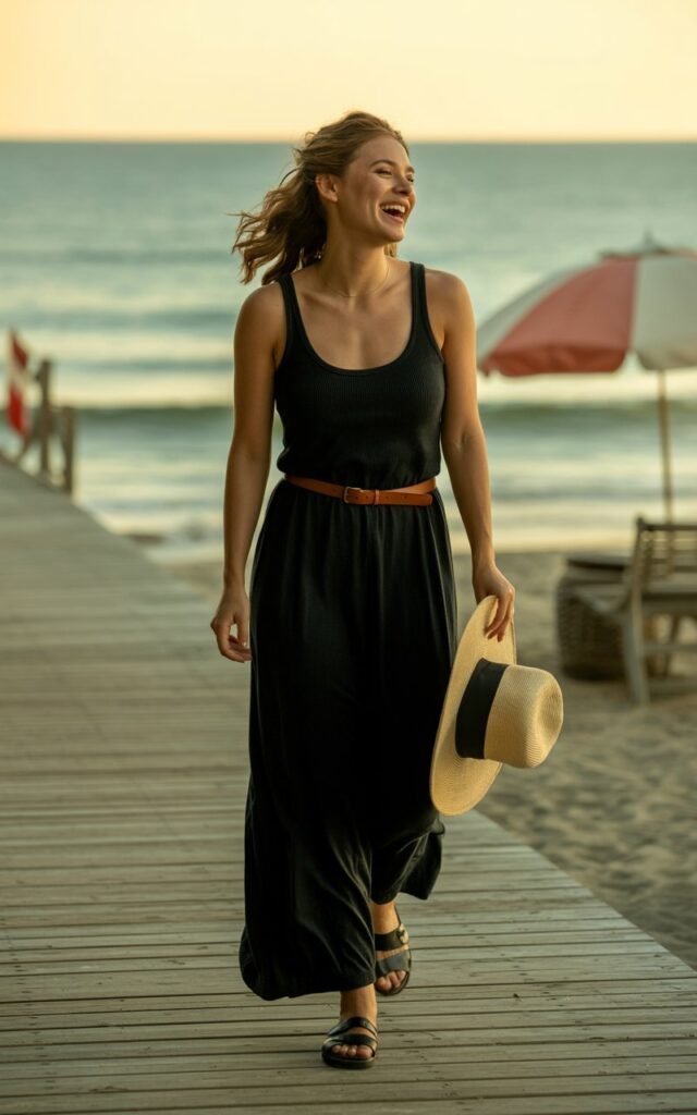 Beach boardwalk at golden hour. Model wears a black maxi tank dress cinched with a slim brown leather belt, paired with flat sandals. Accessories sunhat in hand. Hair loose waves blowing in breeze. Pose walking along boardwalk, candid laugh, natural skin glow.