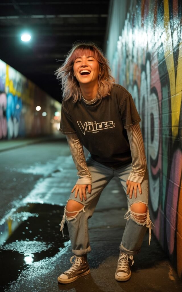 City underpass setting. Brunette with layered shag haircut wears a striped long-sleeve under a black band tee, distressed jeans, and high-top sneakers. She leans against a concrete wall, one foot propped behind her, laughing naturally.