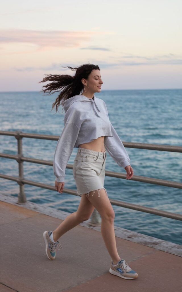 Coastal boardwalk scene in Monaco, wind in the model’s hair, wearing a pale gray cropped hoodie with a light-wash denim mini skirt, hoop earrings, and retro sneakers, soft ocean breeze with pastel sunset tones.