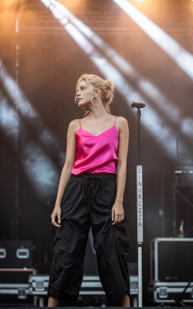 Concert stage rehearsal scene, model in a hot pink silk camisole and black parachute pants, hair in messy bun, spotlight beams cutting through smoky air, powerful yet casual vibe.
