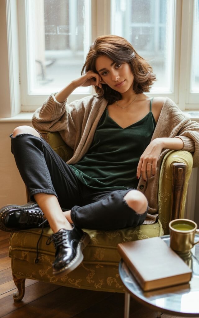 Industrial warehouse setting with moody daylight streaming in. Brunette model with bangs wears a black mesh long-sleeve under a baggy oversized graphic tee, paired with distressed shorts and chunky boots. She leans against a concrete pillar, arms crossed, expression rebellious yet playful.
