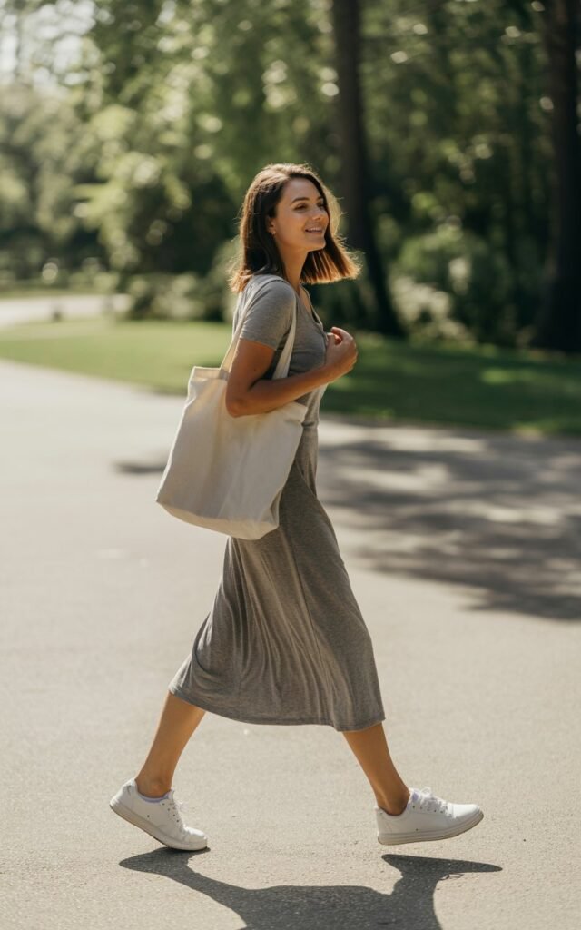 Daylight park pathway. Model wears a grey jersey midi dress styled with white sneakers and a canvas tote. Hair natural, slightly windswept. Pose walking mid-step, casual stride, faint smile, looking sideways.