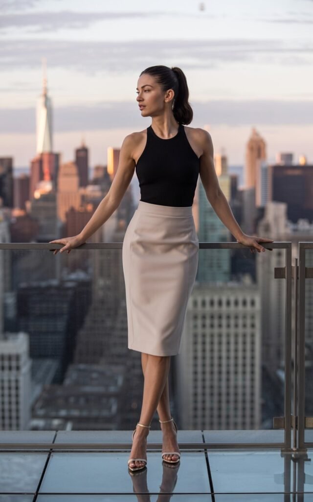 Elegant editorial of a brunette with sleek ponytail, wearing a fitted black bodysuit tucked into a high-waisted beige skirt, with strappy nude heels. Background modern rooftop terrace overlooking a city skyline at sunset. She’s standing tall at the railing, arms relaxed, with a confident and graceful gaze.