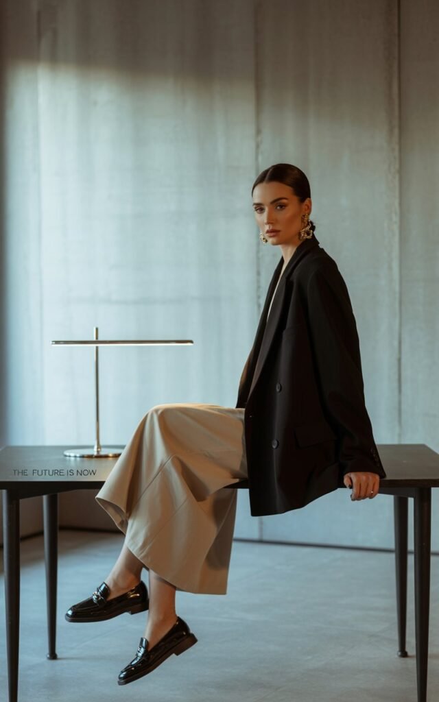 Fashion-forward editorial shot of a sleek dark-haired model with sharp cheekbones, styled in a beige wrap skirt, oversized black blazer, black loafers, and statement gold earrings. Location minimalist office interior with concrete walls under soft window light. She sits confidently on a desk edge, legs crossed, gazing directly at the camera with quiet authority.