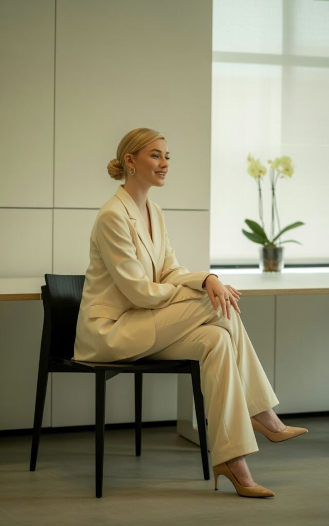 Full-body of a blonde woman in a cream monochrome pantsuit with tailored fit, nude pumps. Hair in a polished low bun. Shot in a minimalist modern office interior with warm indoor light. Model seated on a sleek chair, crossing her legs with a soft smile.