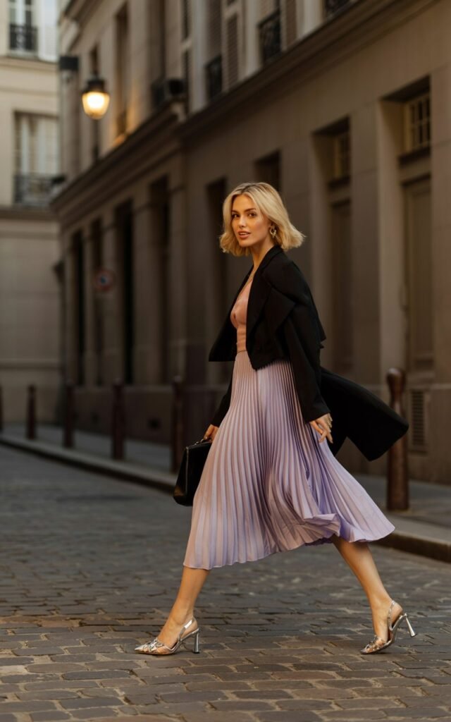 Full-body of a blonde woman in a pastel pleated dress topped with a black cropped jacket, slingback heels. Hair styled in a chic bob. Shot in a cobblestone alley with golden hour light. Model walking mid-step, jacket slightly flowing.
