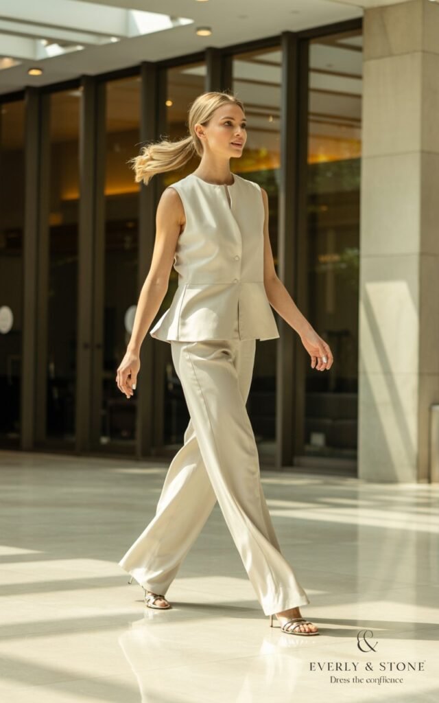 Full-body of a blonde woman in ivory wide-leg trousers and a tailored peplum top, strappy sandals. Shot in a high-end modern office lobby with marble floors. Hair pulled back in ponytail. Model mid-step with hands swinging naturally.