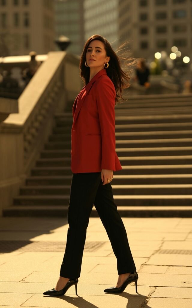 Full-body of a fit brunette in a vibrant red blazer and black trousers, black stiletto pumps. Simple gold hoop earrings. Shot outdoors at golden hour on city steps. Wind blowing her hair naturally as she looks away with a confident half-smile.