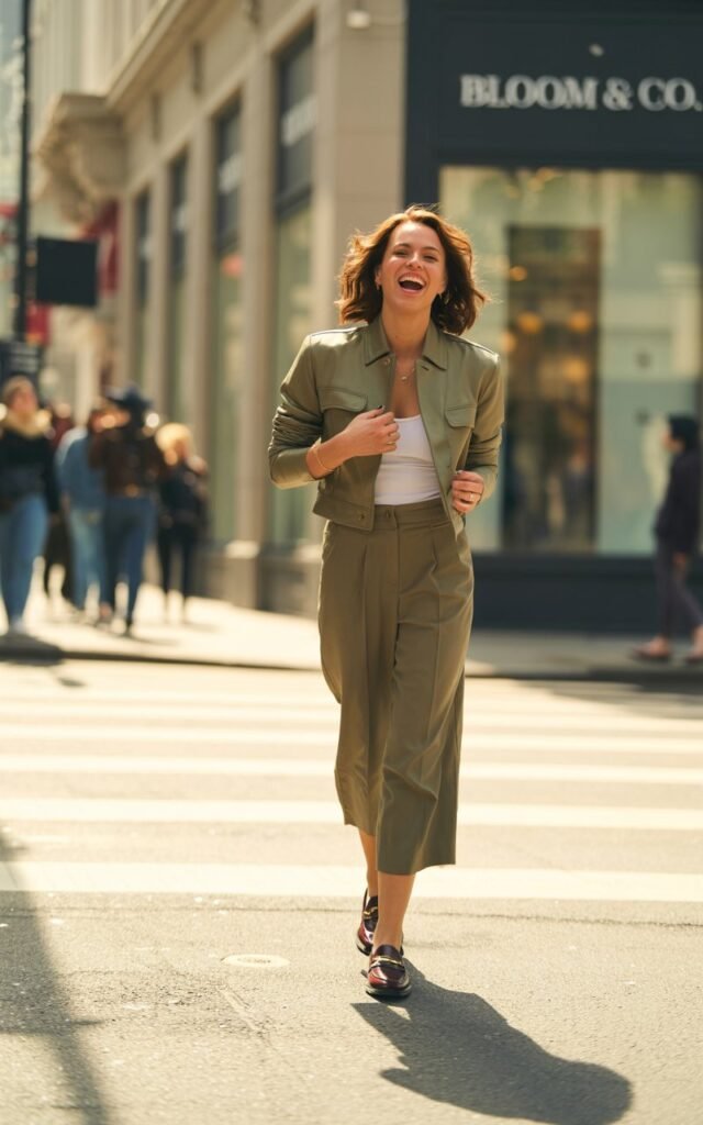 Full-body of a fit brunette in cropped culottes with a matching boxy jacket, loafers. Shot outdoors on a sunny urban street. Hair tousled in soft waves. Model laughing mid-walk, candid vibe.