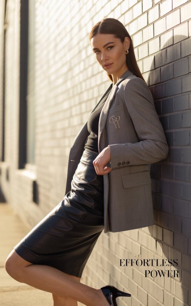 Full-body of a sharp-featured woman in a black leather skirt with a gray blazer, pumps. Hair sleek and straight. Shot against an industrial brick wall with daylight. Model leaning slightly against wall with confident smirk.
