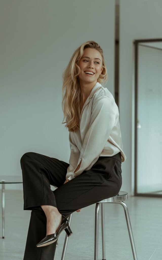 Full-body of a slim blonde in a cream blouse and black trousers with chic pointed flats. Shot in a minimal indoor studio with clean white walls. Hair in loose waves. Model seated casually on stool, candid smile.