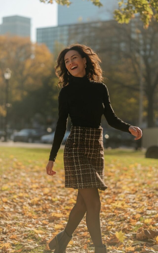Full-body of a white-skinned woman in a blush pleated skirt and crisp white minimalist shirt, nude heels. Shot in a bright studio with white backdrop. Hair in low bun, natural makeup. Model spinning slightly for motion, playful smile.