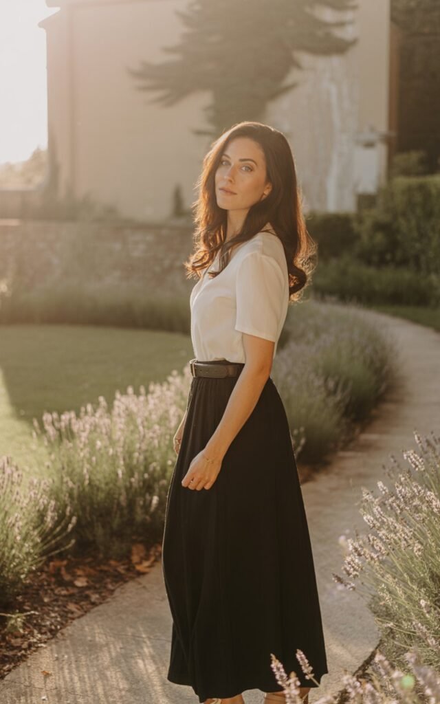 Full-body of a tall brunette in a flowing black maxi skirt and fitted white blouse, cinched with a slim belt. Shot at golden hour in a garden path. Model standing gracefully, hair cascading, serene expression.