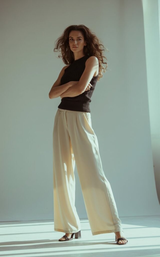 Full-body of a tall brunette in wide cream palazzo pants with a fitted black knit top, chunky heels. Shot indoors with warm studio light. Hair styled naturally voluminous. Model standing tall, arms crossed lightly, strong expression.