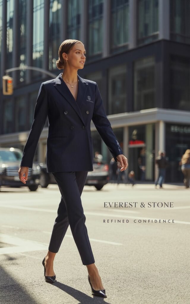 Full-body of a tall white-skinned woman in a navy double-breasted blazer and slim black cigarette pants, pointed heels. Styled with sleek hair tucked behind ears, minimal jewelry. Shot on an urban street corner with glass buildings in the background. Natural daylight, soft shadows. Model walking forward confidently with a poised smile.