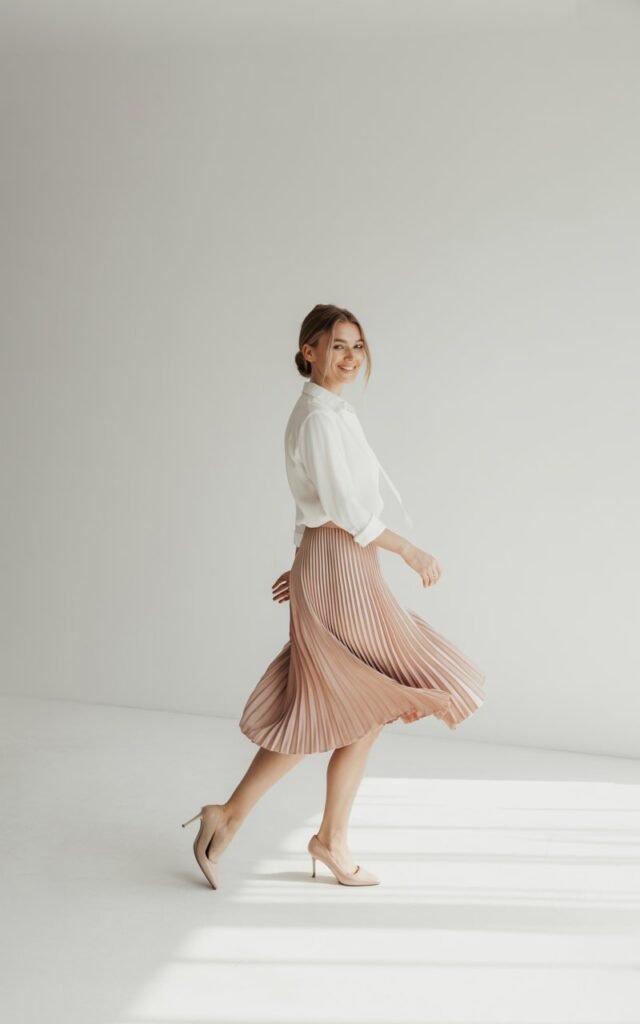 Full-body of a white-skinned woman in a blush pleated skirt and crisp white minimalist shirt, nude heels. Shot in a bright studio with white backdrop. Hair in low bun, natural makeup. Model spinning slightly for motion, playful smile.