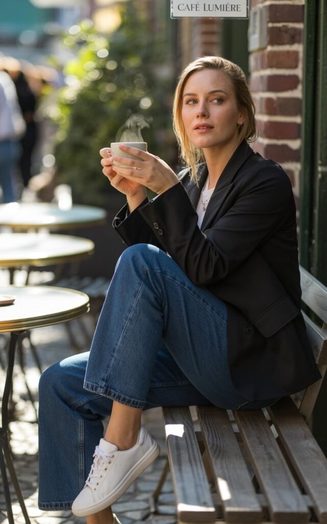 Full-body of a white-skinned woman in dark blue straight-leg jeans with a fitted black blazer, white sneakers. Shot in an urban café patio with daylight. Hair styled effortlessly loose. Model seated casually on bench, coffee cup in hand.