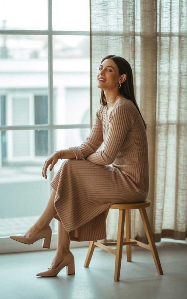 Full-body of a woman in a camel-colored ribbed knit midi dress, nude structured pumps. Minimal gold jewelry. Shot indoors near a large window with soft daylight. Model seated on a stool, crossing her ankles, natural smile.