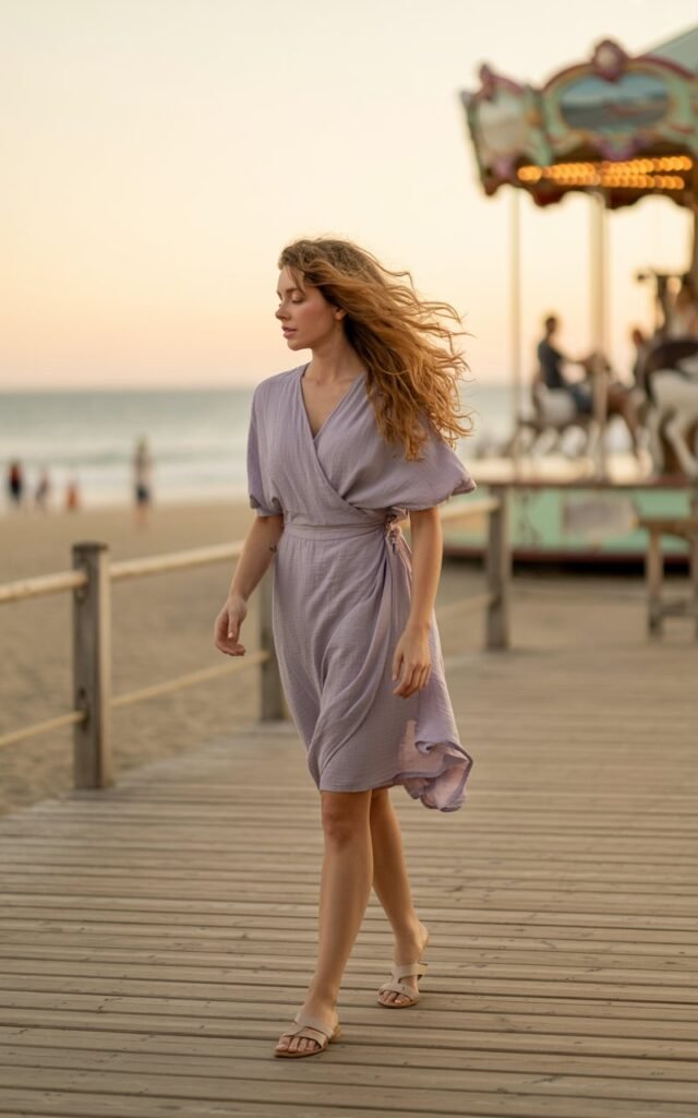 Full-body shot at a seaside boardwalk during golden hour. The model wears a flowy wrap dress in a pastel hue, minimalist leather sandals, and simple stud earrings. Hair is styled in natural loose waves blowing in the breeze. She walks barefoot along the wooden planks, looking relaxed and radiant.